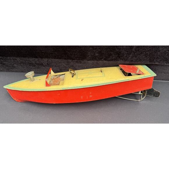 Vintage 30's-40's Large toy tin windup Speed Boat inboard battery light - Picture 2 of 12